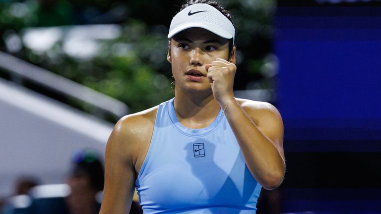 Emma Raducanu of Great Britain celebrates during her match against Jessica Pegula of the United States in the quarter finals of the women's singles at the Miami Open at the Hard Rock Stadium on March 26, 2025 in Miami Gardens, Florida. (Photo by Frey/TPN/Getty Images)