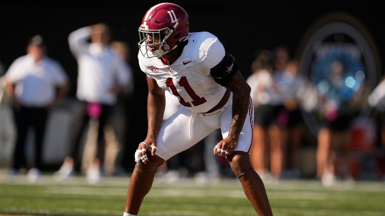 Alabama linebacker Jihaad Campbell (11) plays during the first half of an NCAA college football game against Vanderbilt, Saturday, Oct. 5, 2024, in Nashville, Tenn. (AP Photo/George Walker IV)