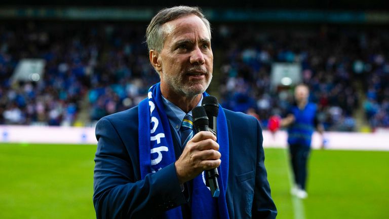PERTH, SCOTLAND - AUGUST 05: St Johnstone owner Adam Webb adresses the crowd during a William Hill Premiership match between St Johnstone and Aberdeen at McDiarmid Park, on August 05, 2024, in Perth, Scotland. (Photo by Ewan Bootman / SNS Group)