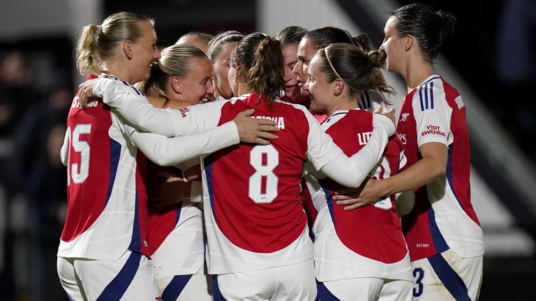 Arsenal's Beth Mead (second left) celebrates with team-mates after scoring against BK Hacken in Women's Champions League qualifying