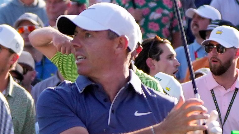 Rory McIlroy, of Northern Ireland, watches his tee shot on the 17th hole during the final round at the Masters golf tournament, Sunday, April 13, 2025, in Augusta, Ga. (AP Photo/Julia Demaree Nikhinson) 