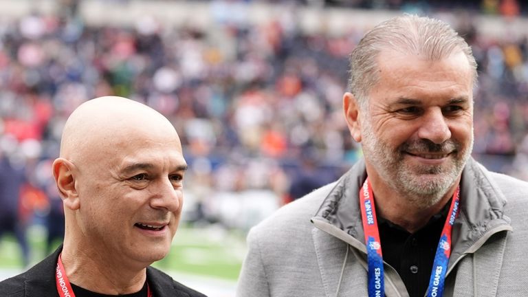 Tottenham Hotspur manager Ange Postecoglou (right), Jacksonville Jaguars owner Shahid Khan (left) and Tottenham Hotspur chairman Daniel Levy ahead of the NFL International match at the Tottenham Hotspur Stadium, London. Picture date: Sunday October 13, 2024.