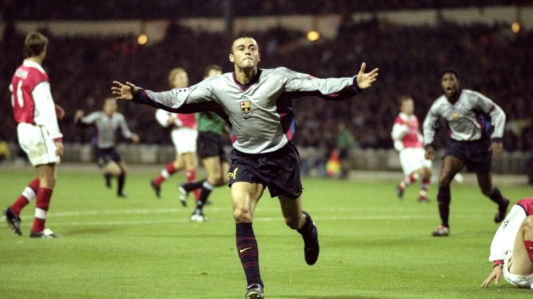 19 Oct 1999: Luis Enrique of Barcelona celebrates his 15th minute goal during the Champions League Group B match against Arsenal played at Wembley Stadium, London. The game finished in a 4-2 win for Barcelona.