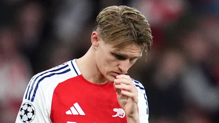 Arsenal's Martin Odegaard reacts following the UEFA Champions League semi final, first leg match at the Emirates Stadium, London. Picture date: Tuesday April 29, 2025.