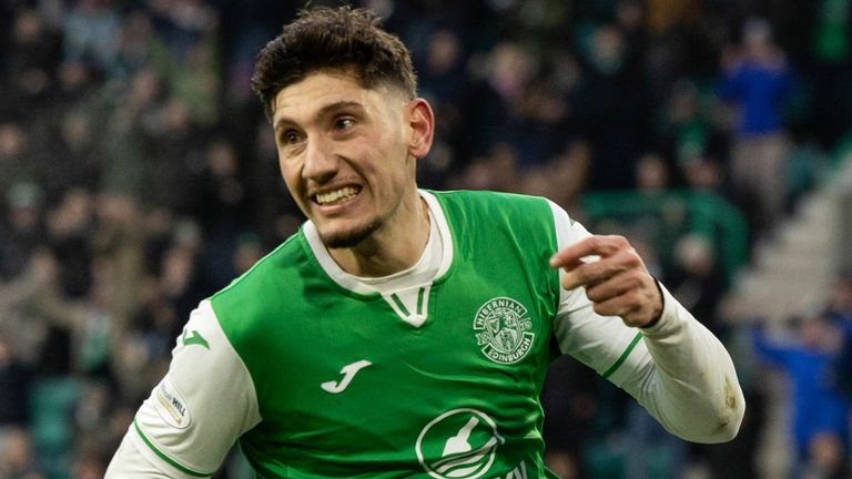 EDINBURGH, SCOTLAND - JANUARY 11: Hibernian...s Nectar Triantis celebrates after scoring to make it 2-0 during a William Hill Premiership match between Hibernian and Motherwell at the Easter Road Stadium, on January 11, 2025, in Edinburgh, Scotland. (Photo by Ross Parker / SNS Group)