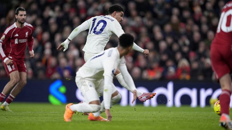 Morgan Gibbs-White scores Nottingham Forest's third and final goal at Anfield 